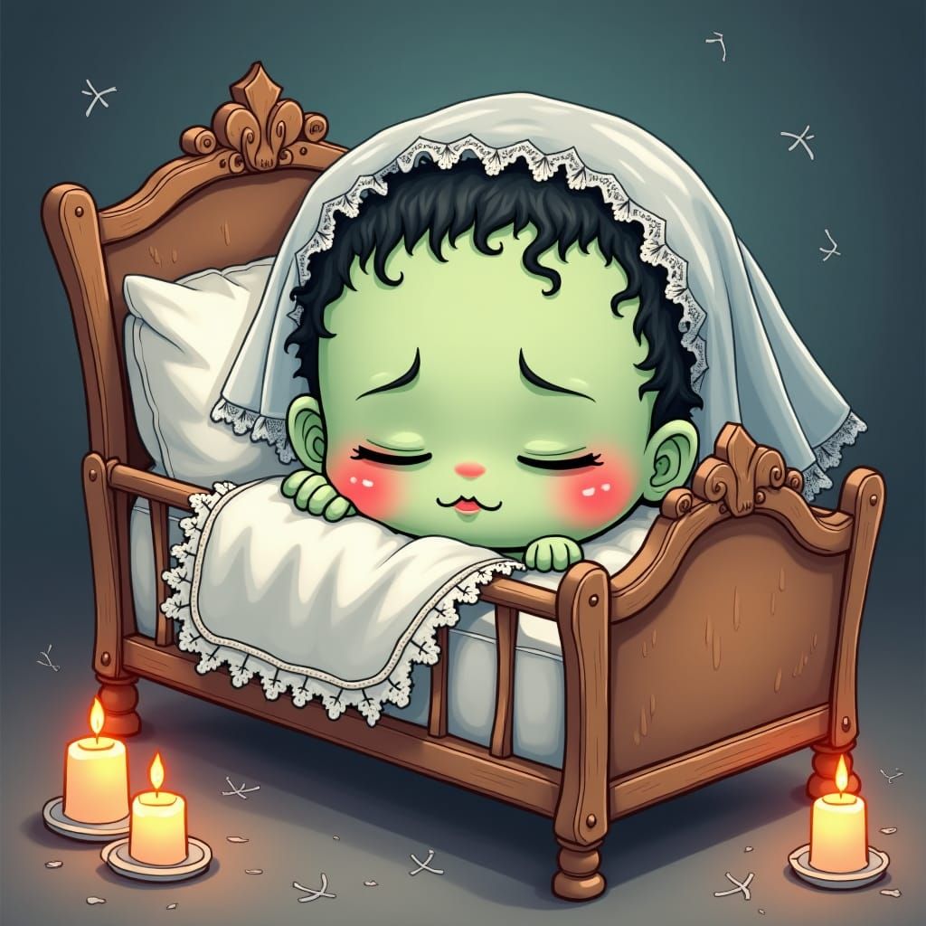Chibi Bride of Frankenstein in Antique Crib