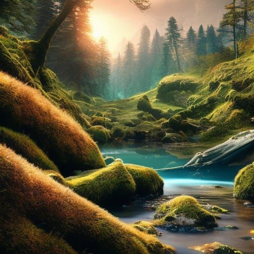 Mountain Lake with Mossy Rocks in Dramatic Style