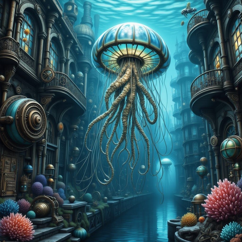 Bioluminescent Jellyfish in Sunken Steampunk City