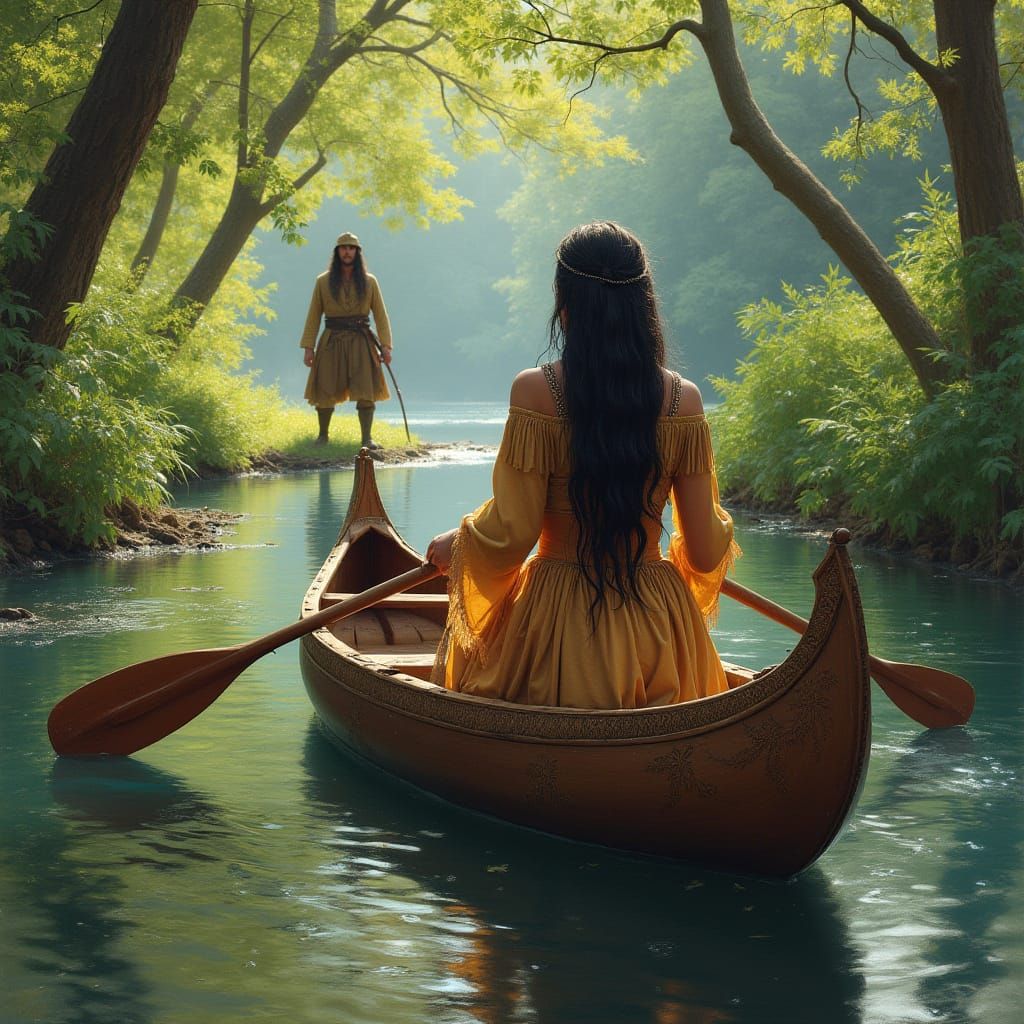 Pocahontas Paddling to Captain John, Classic Painting Style