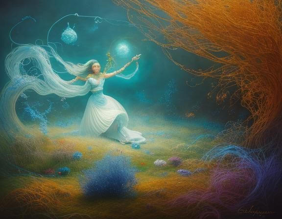 Surreal Woman Knitting in Dreamlike Oil Painting
