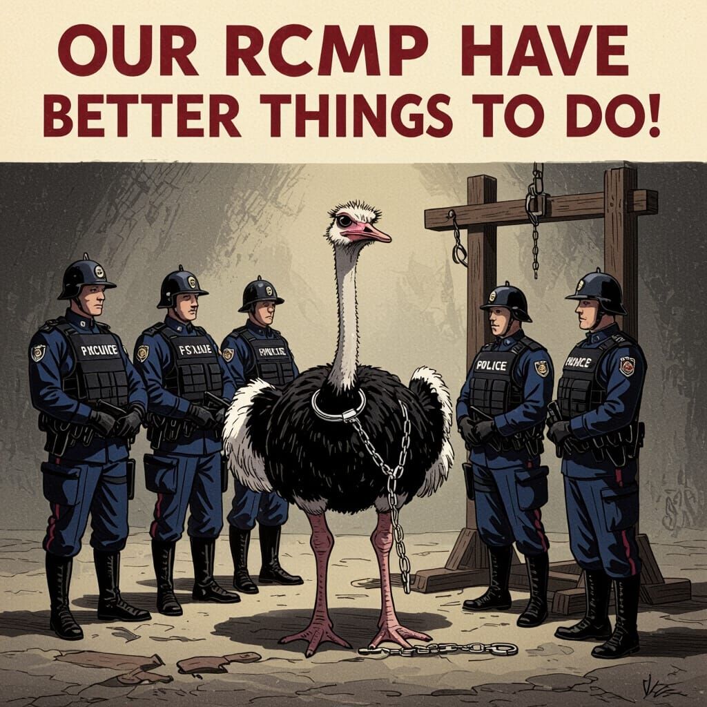Ostrich Arrested by RCMP in Dark Satirical Illustration
