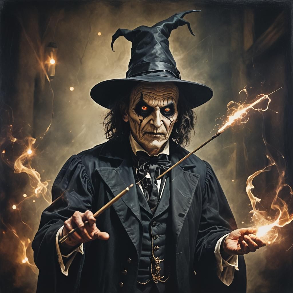 Evil Magician with Wand in Dark Academia Style