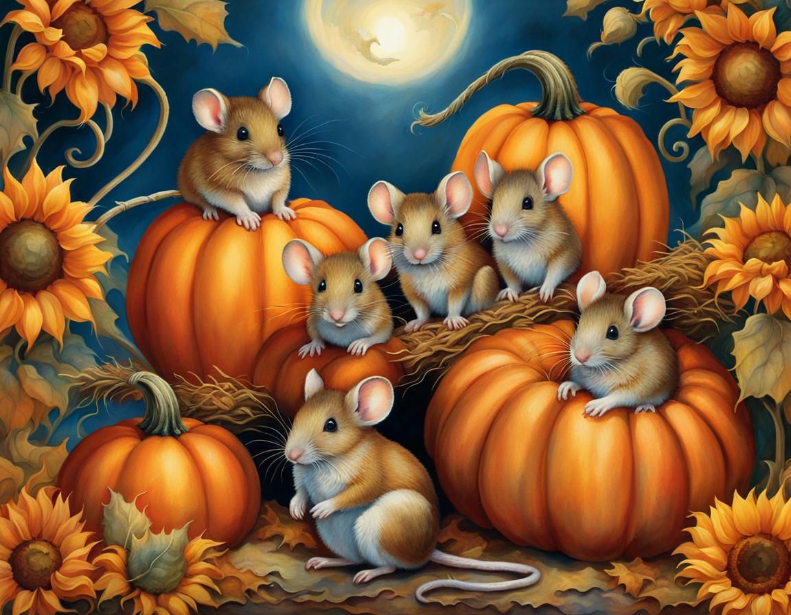 Mice in Whimsical Harvest Scene with Candlelight