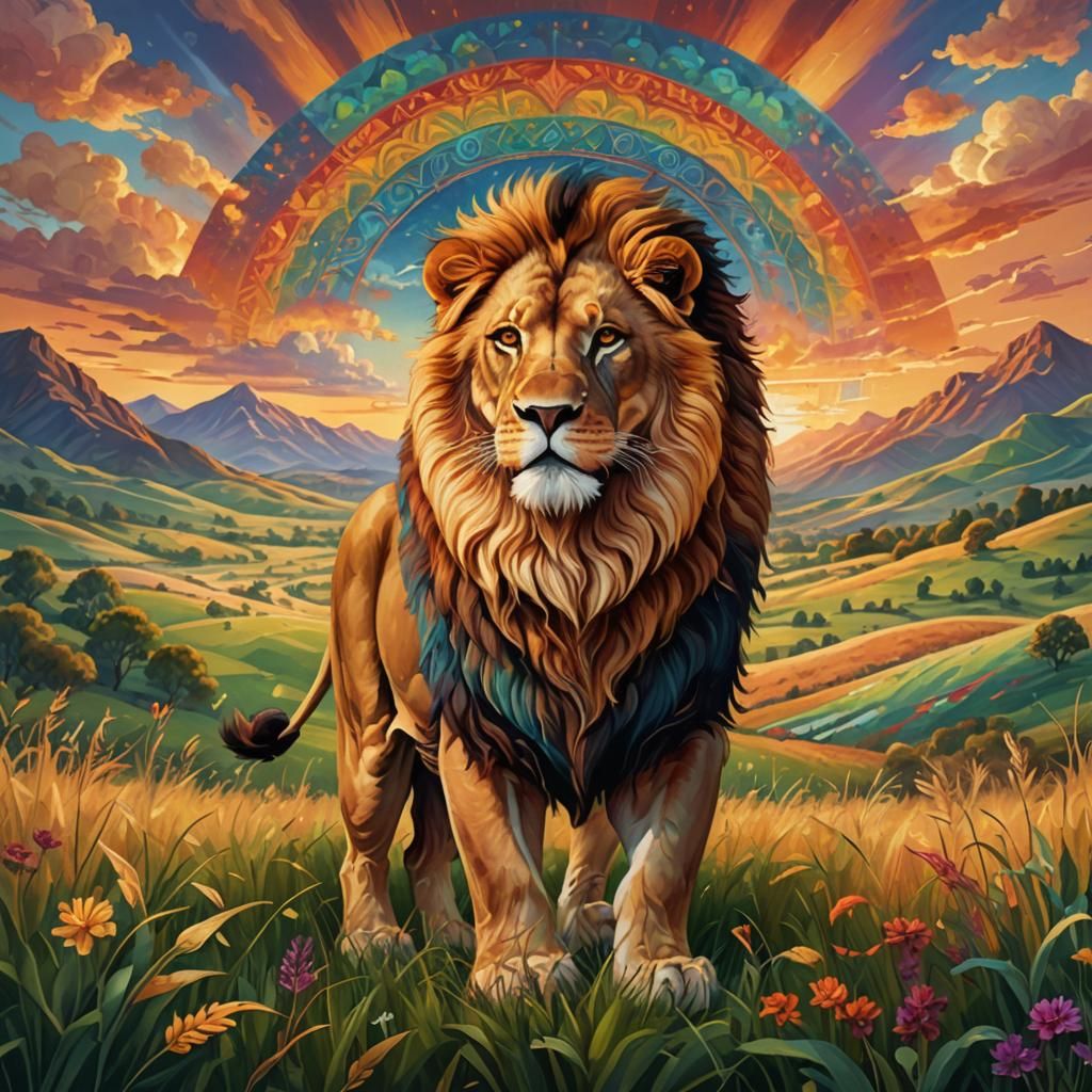 Regal Lion in Rainbow Meadow: Digital Mandala Art