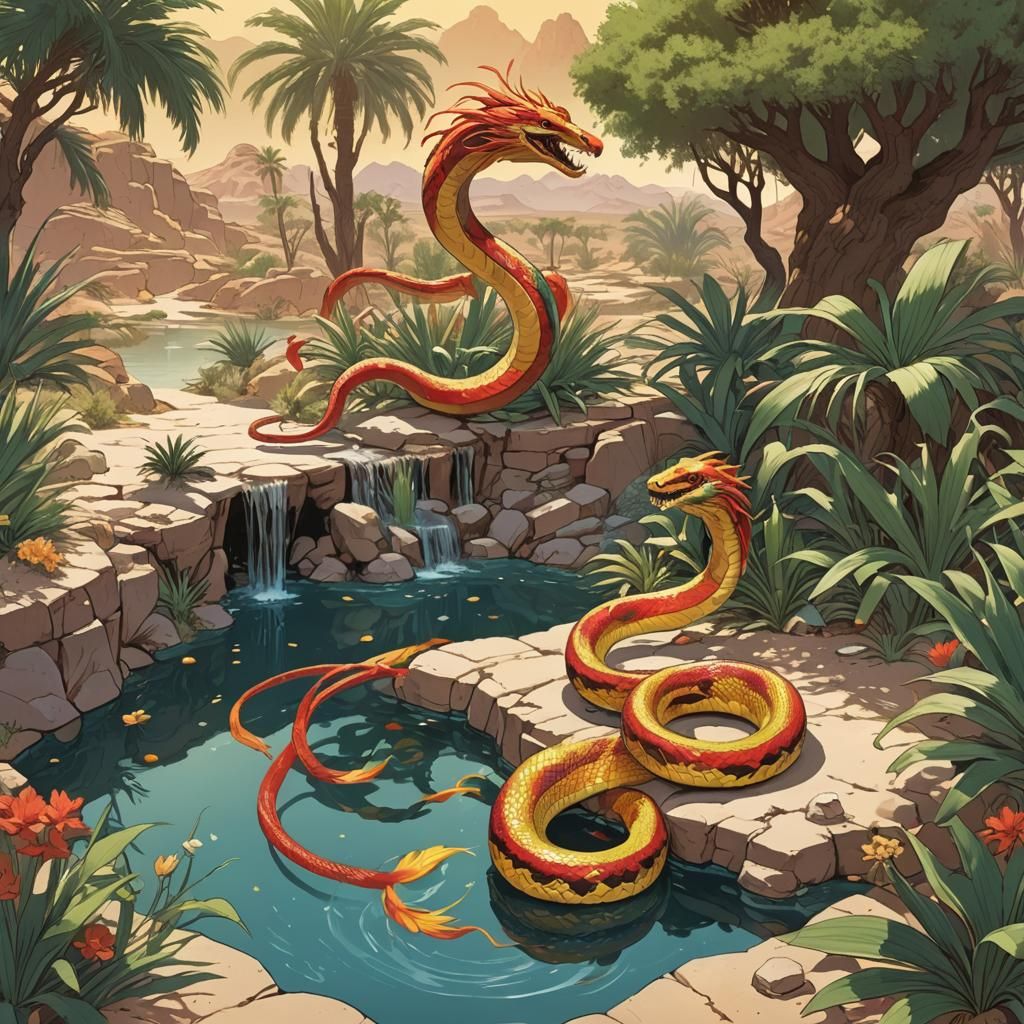 Desert Oasis: Phoenix and Snake Rising, Cel-Shaded Art