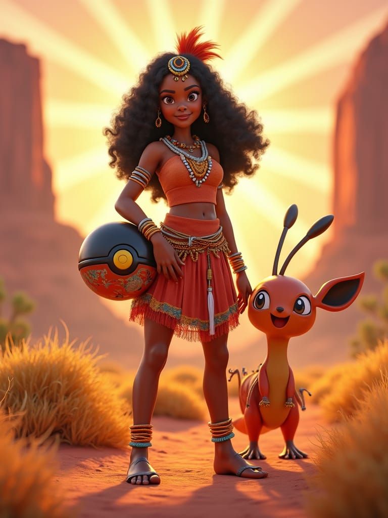 Aboriginal Woman and Bilbrush Pokémon in Australian Outback