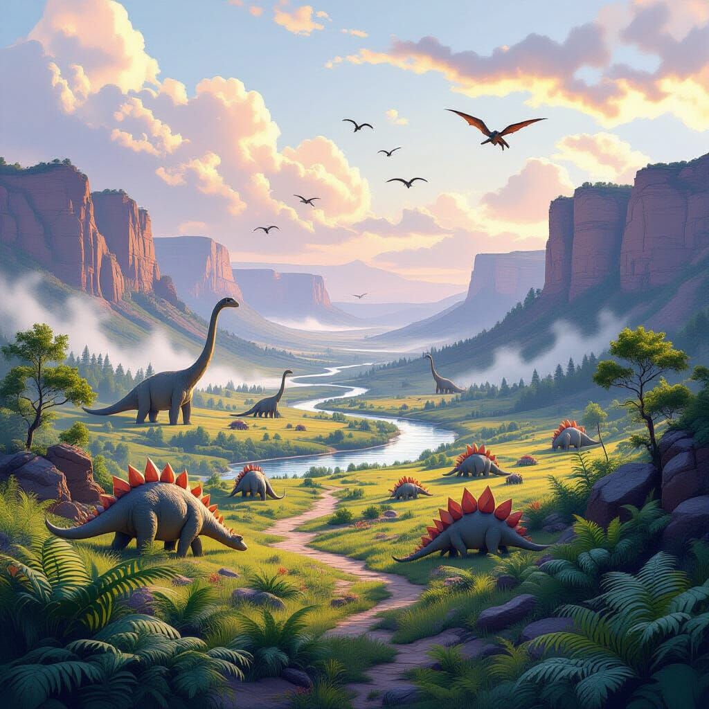 A wide panoramic view where dinosaurs wander through mist an...