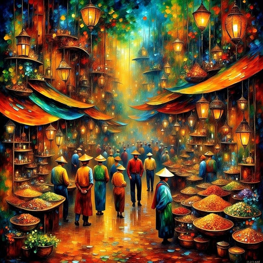 Vibrant Moroccan Bazaar Scene in Naive Realism Style