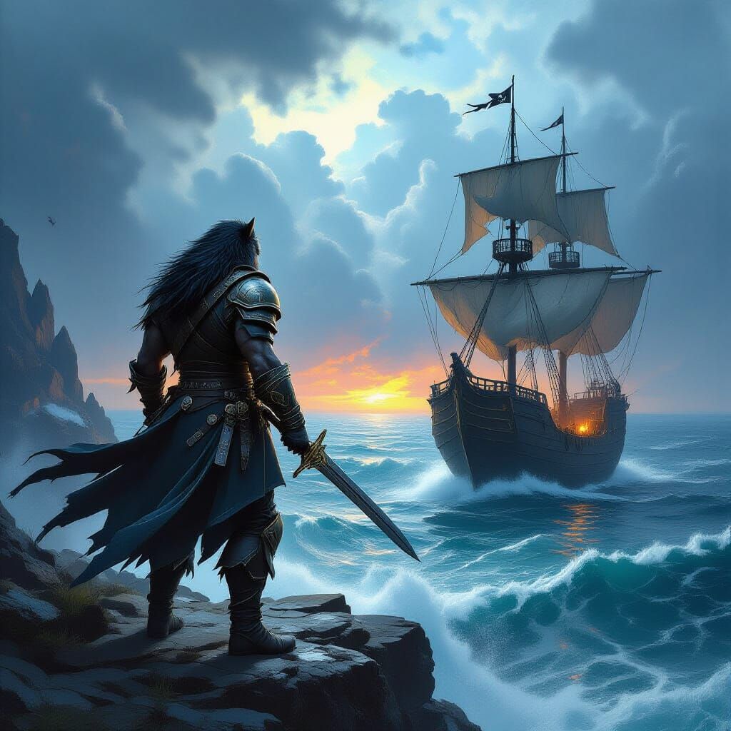 Werewolf Warrior Overlooks Ocean Battle