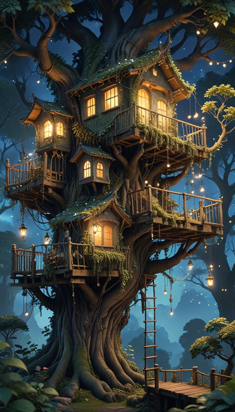 Whimsical Treehouse Village under Starry Night Sky
