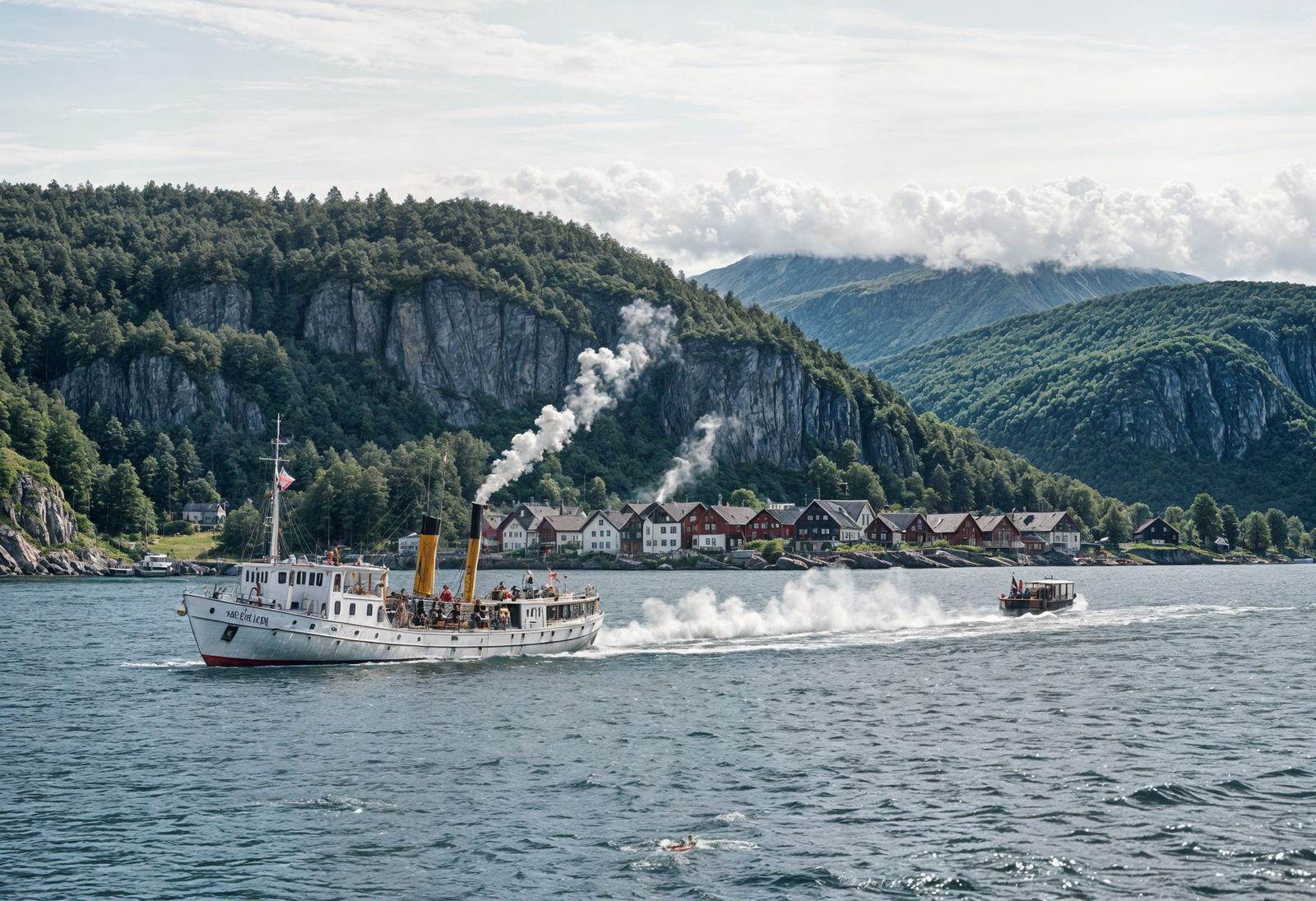 Steaming Boat Sails Through Crystal Fjord