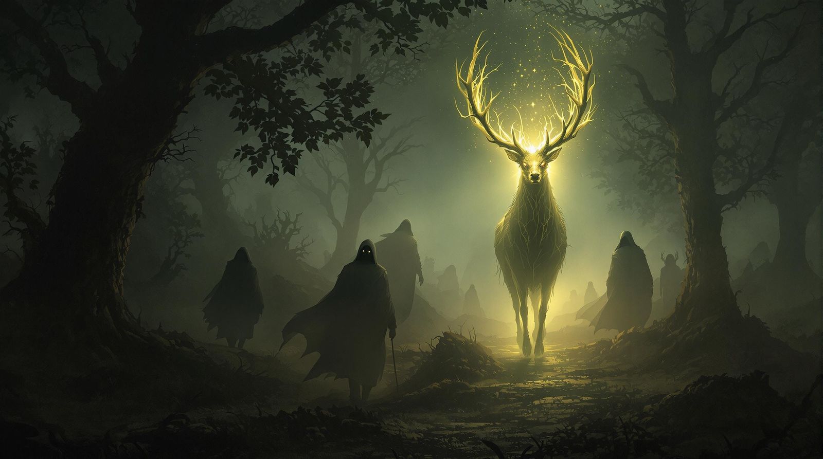 Ethereal Stag Guiding Travelers Through Enchanted Forest