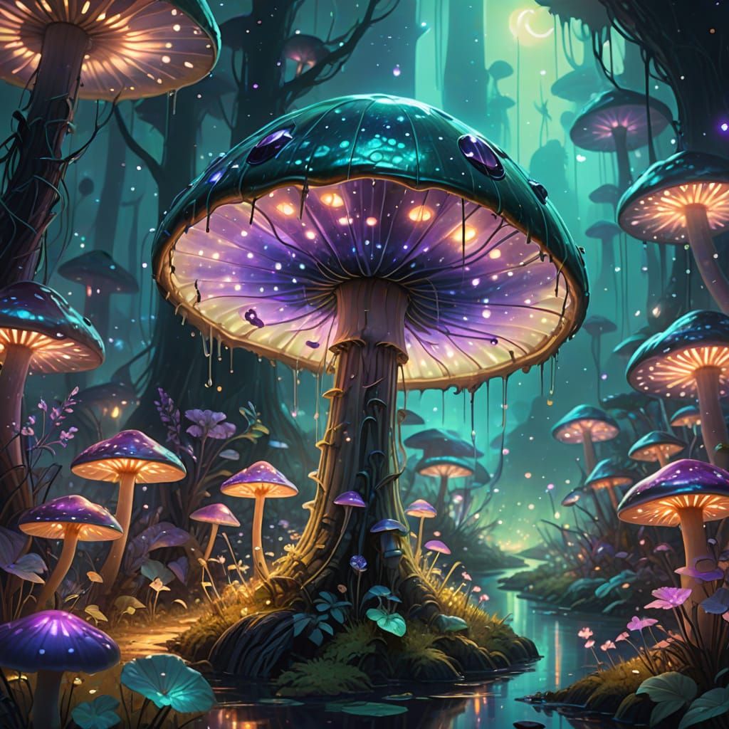 Firefly City in Bioluminescent Mushroom, Impressionist Fanta...