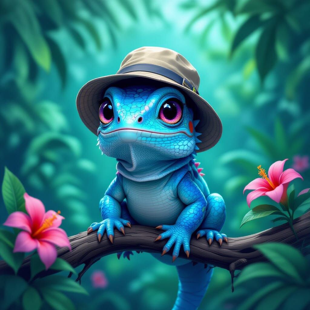 Bioluminescent Lizard in Enchanted Jungle, Digital Art