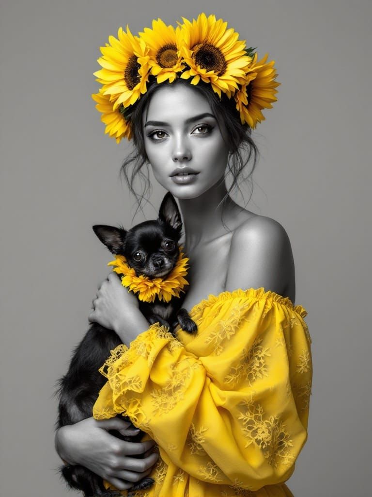 Ethereal Woman in Yellow Lace, Surrounded by Sunflowers and ...