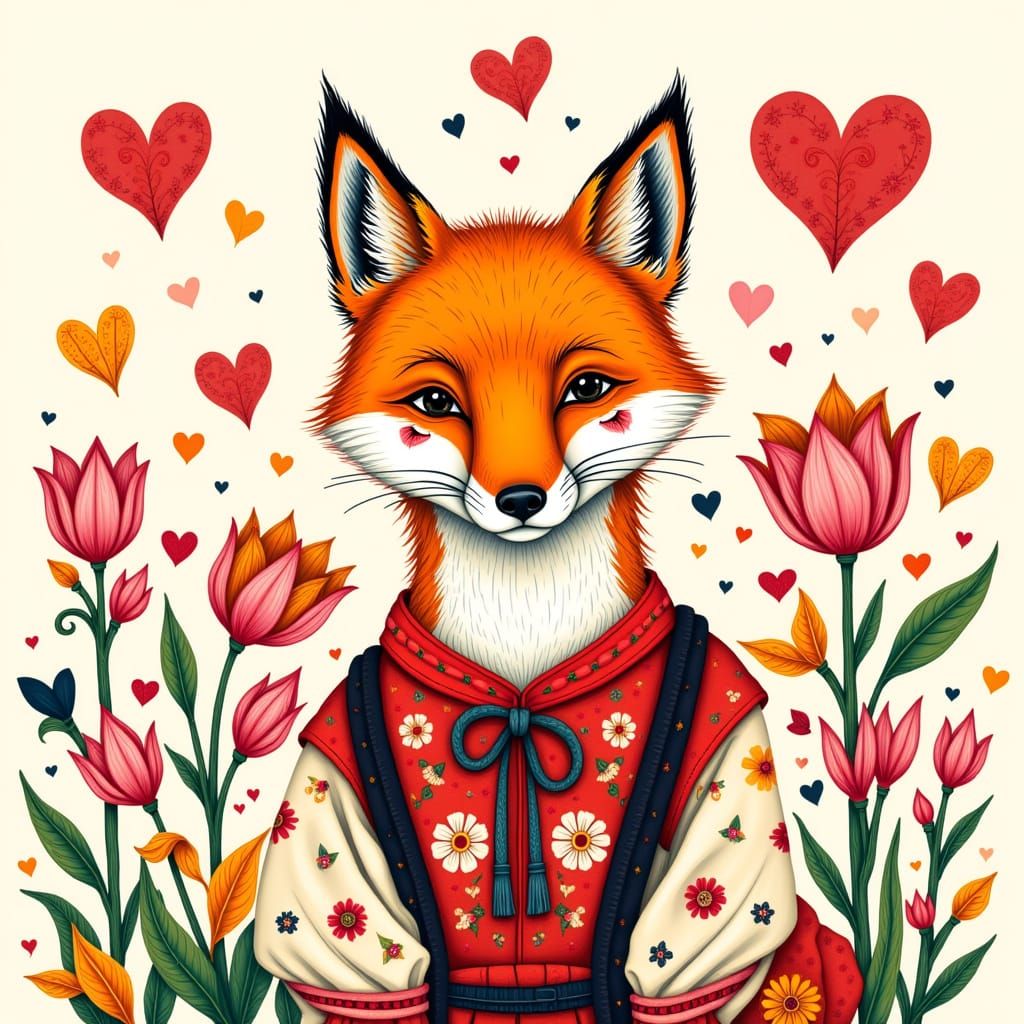 Whimsical Scandinavian Folk Art Fox Surrounded by Blooming T...