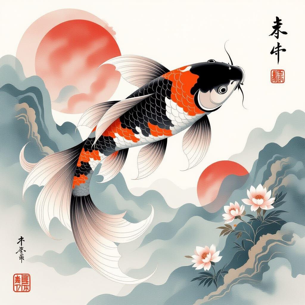 Black and White Koi Fish with Japanese Motifs in Watercolor ...