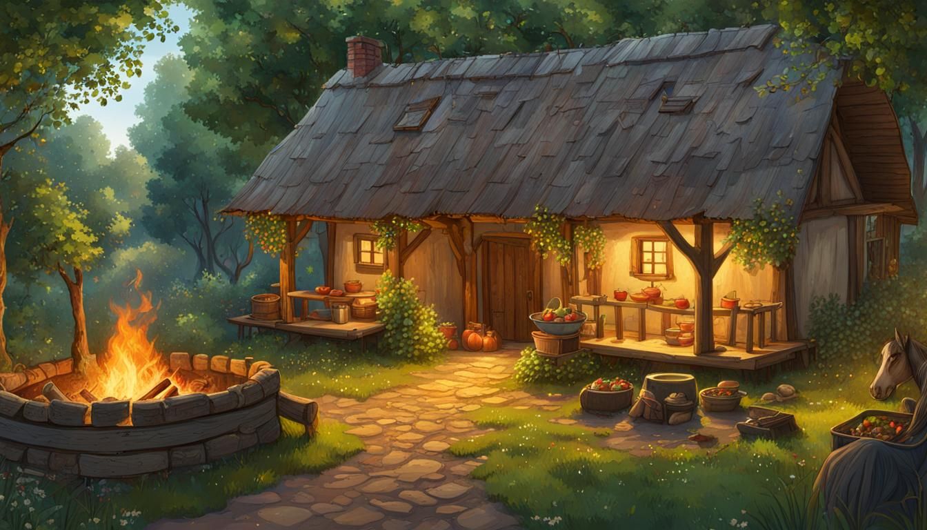 Idyllic Forest House with Garden and Campfire