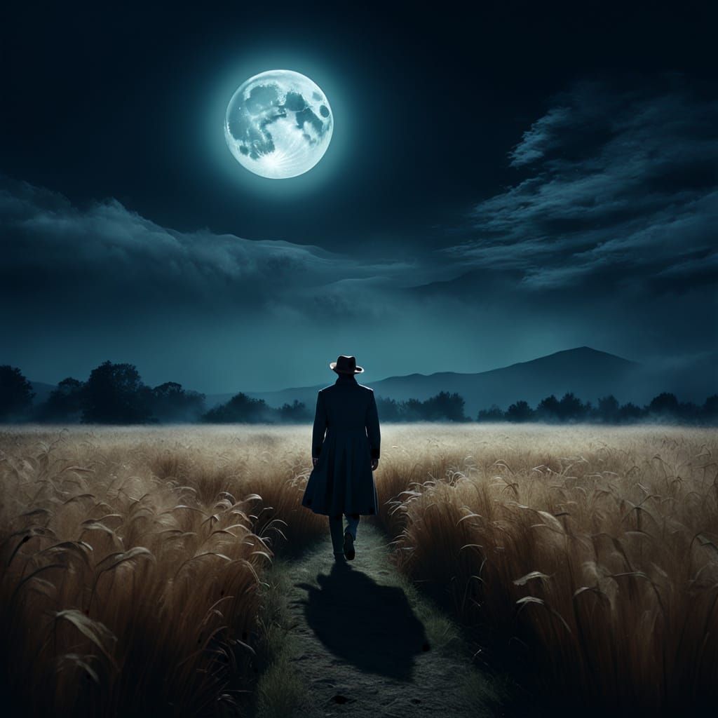 Solitary Figure Enters Moonlit Field in Moody Digital Painti...