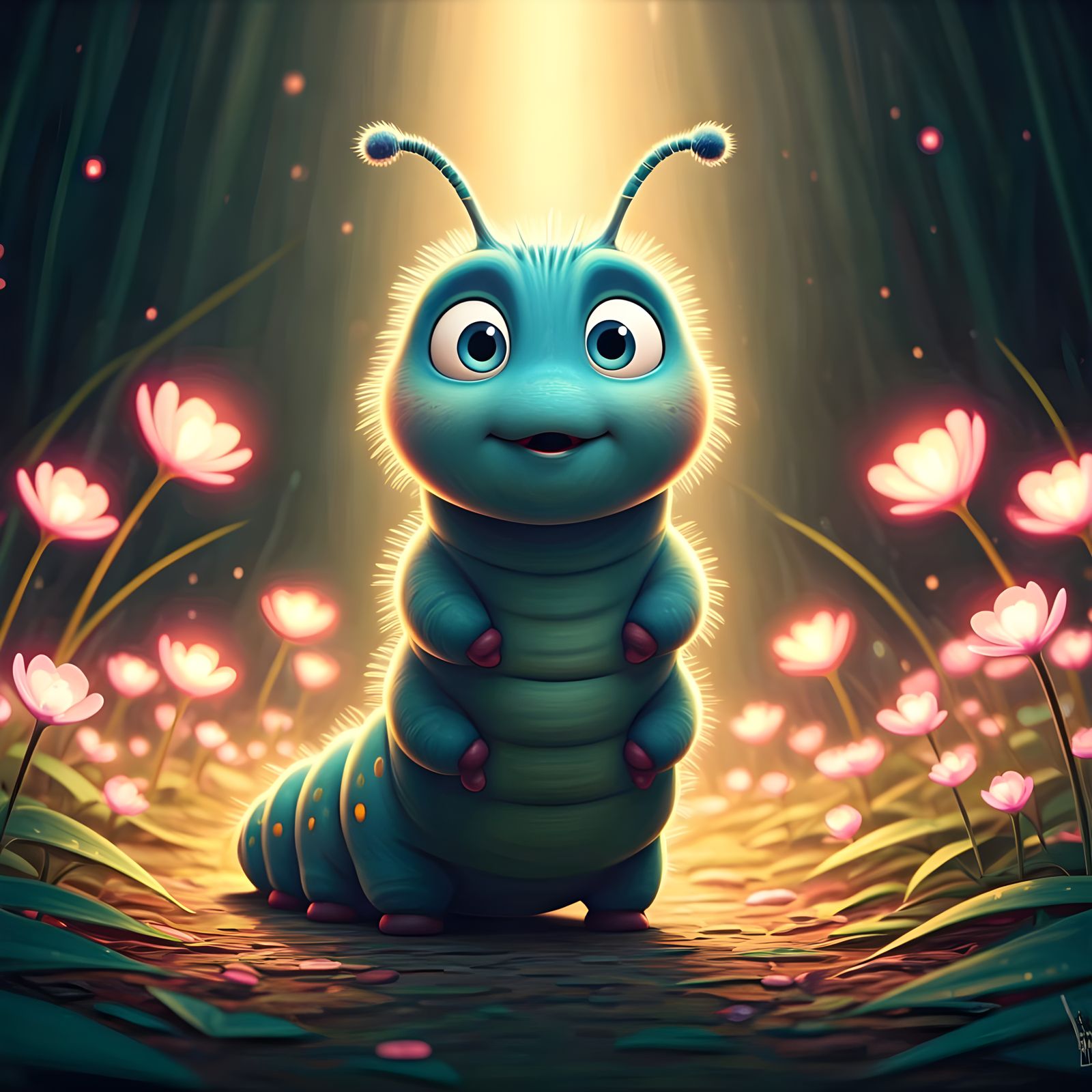 Pixar Caterpillar in Dreamy Watercolor Forest