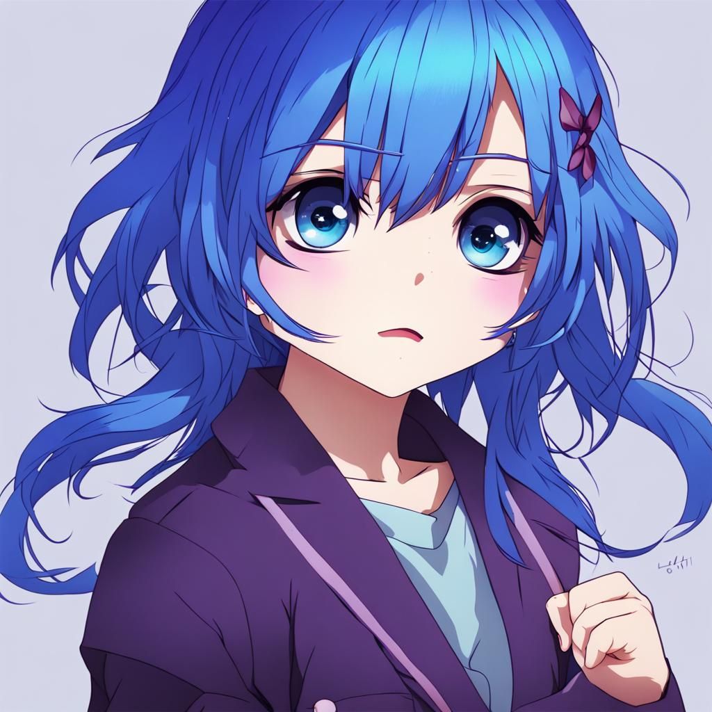 Anime Girl with Blue Hair and Purple Eyes
