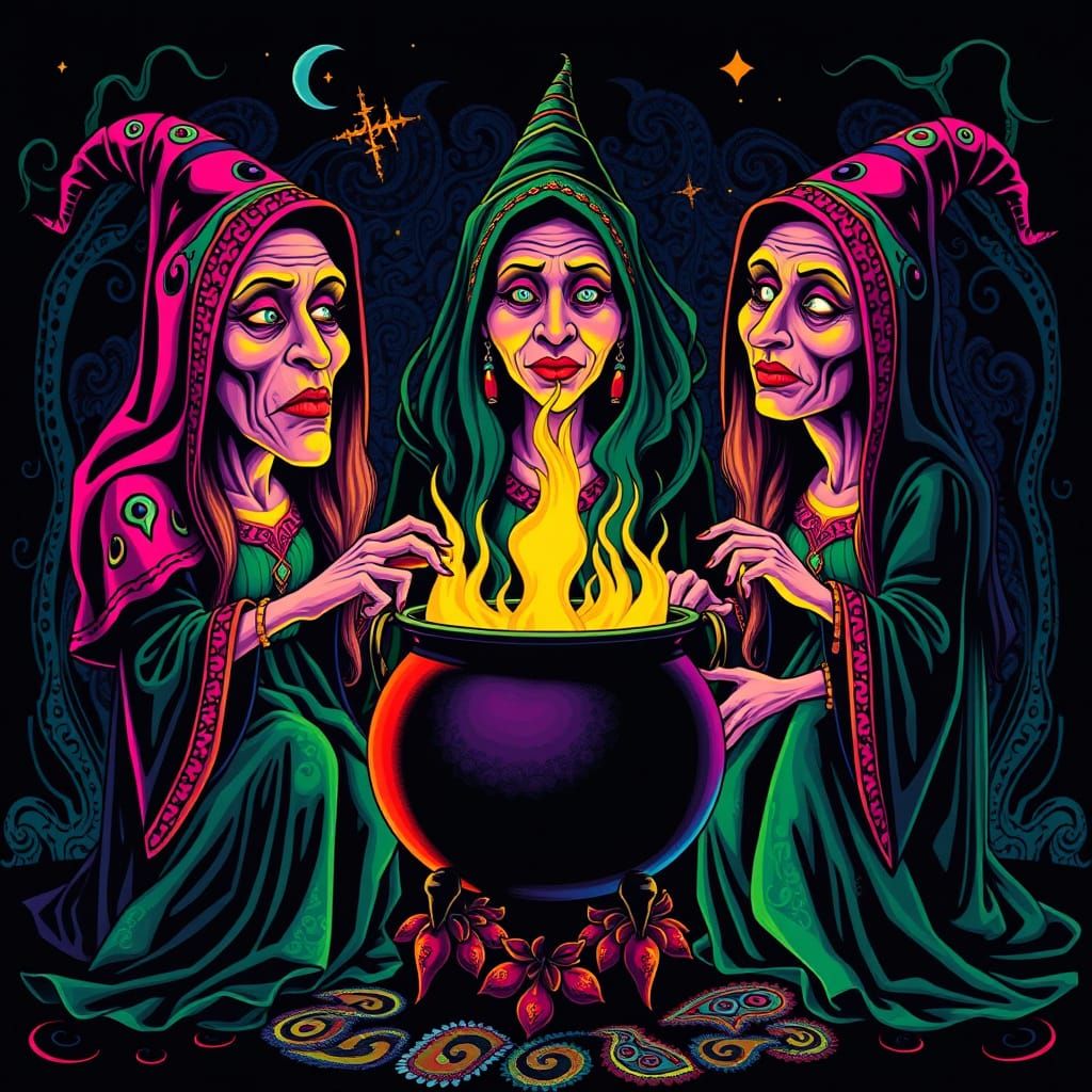 Psychedelic Wyrd Sisters in Dayglo Black Velvet Art