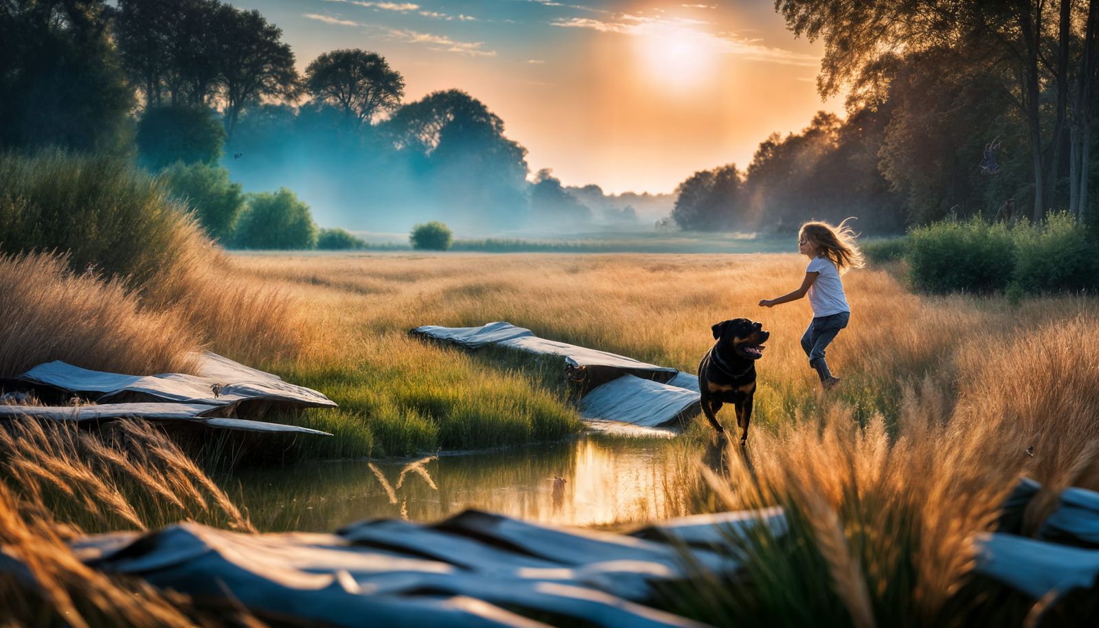 Girl and Rottweiler at Sunset: Cinematic Realism