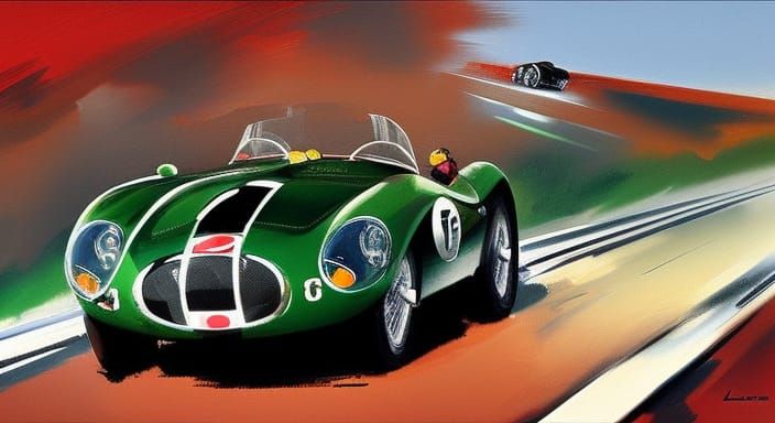 Jaguar D-Type Car Chase in Art Deco Style