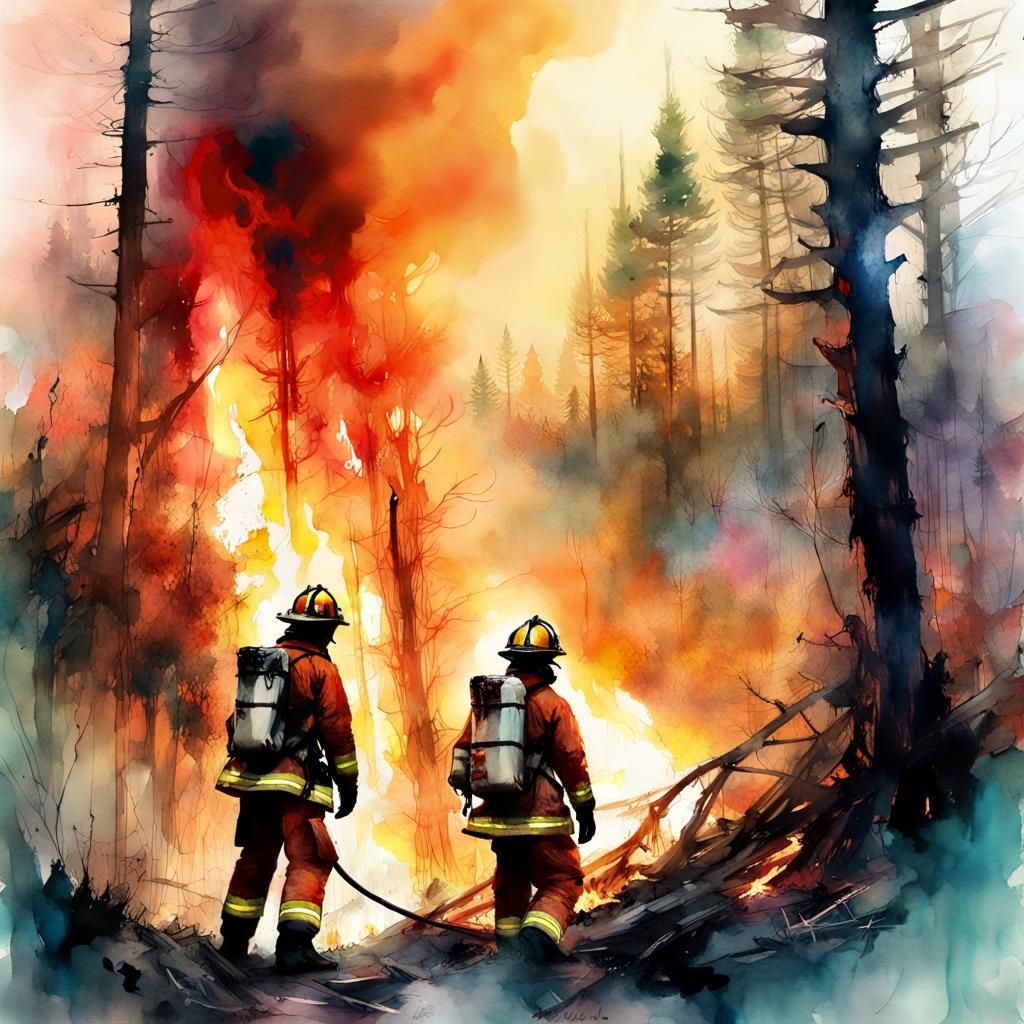 Firefighters in Burning Forest, Digital Watercolor Art