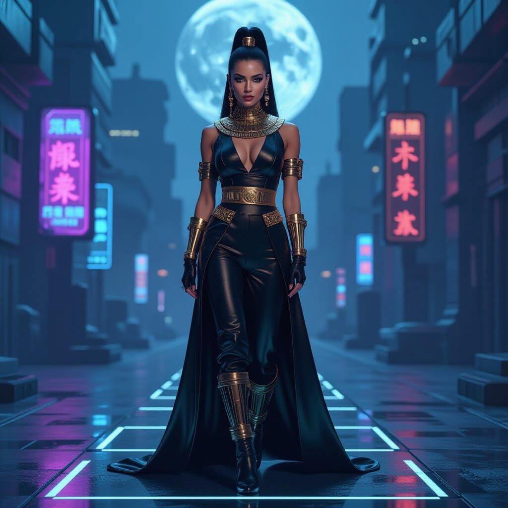 Futuristic Cleopatra in Cyberpunk Egypt with Neon Lights