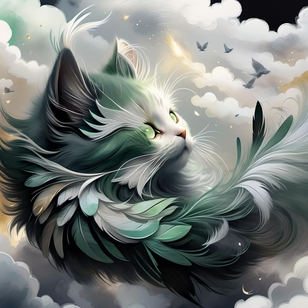 Winged Cat Floating on Clouds in Watercolor Style