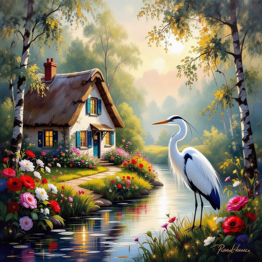 Impasto Oil Painting of Cottage and Heron with Golden Foil