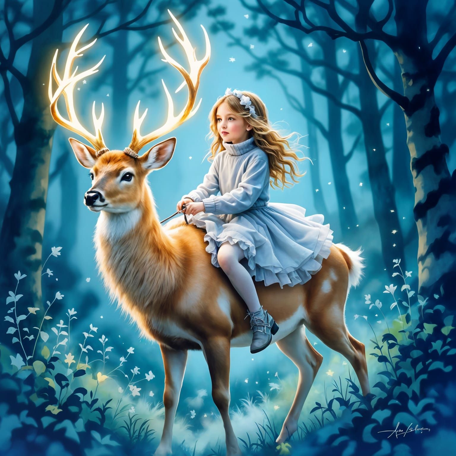Girl Rides Mystical Deer in Enchanted Forest, Watercolor