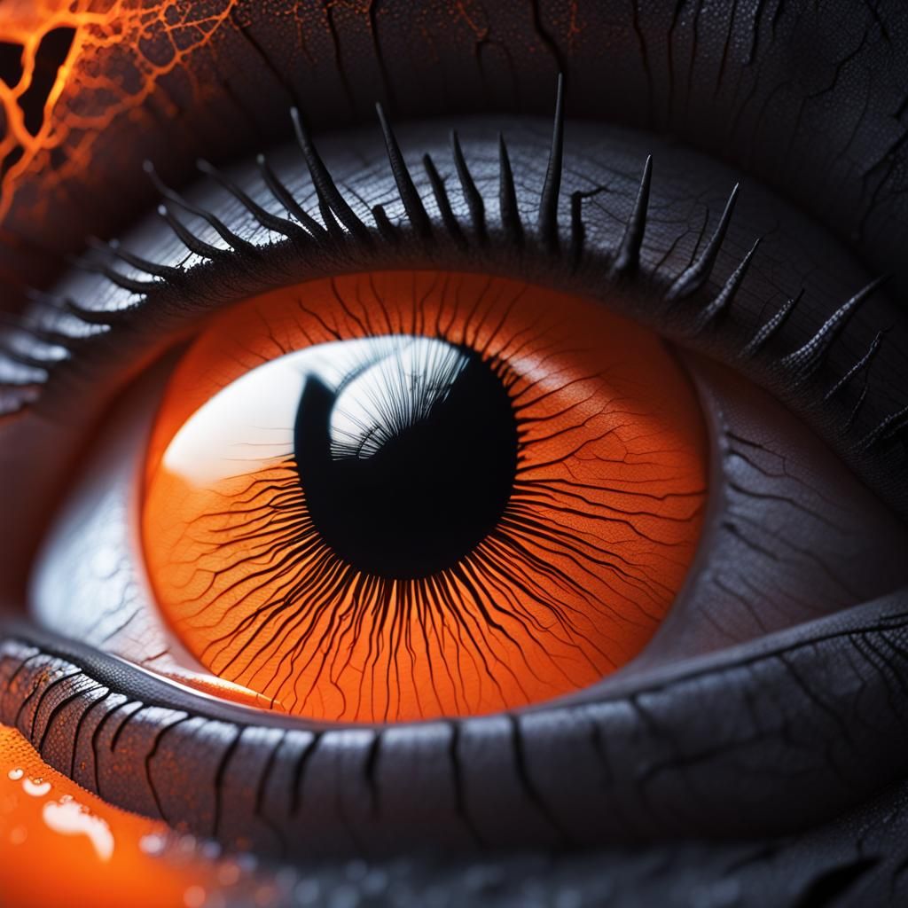 Macro Eye with Miniature Bat Silhouette and Neon Cracks