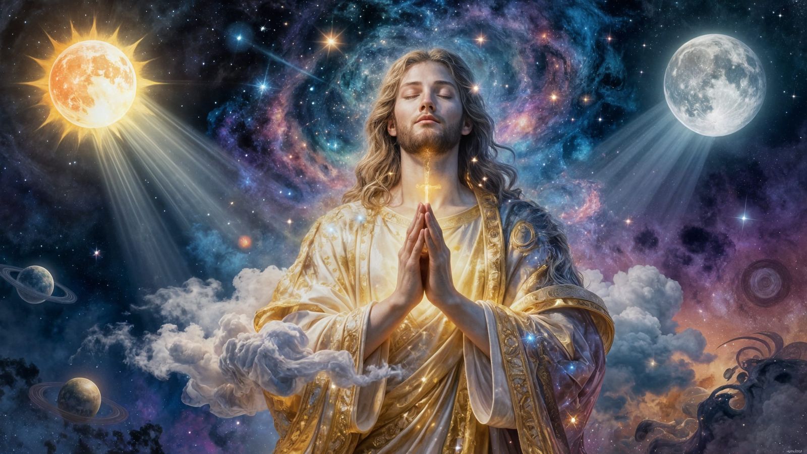 Jesus Dissolving into Cosmic Galaxy Painting