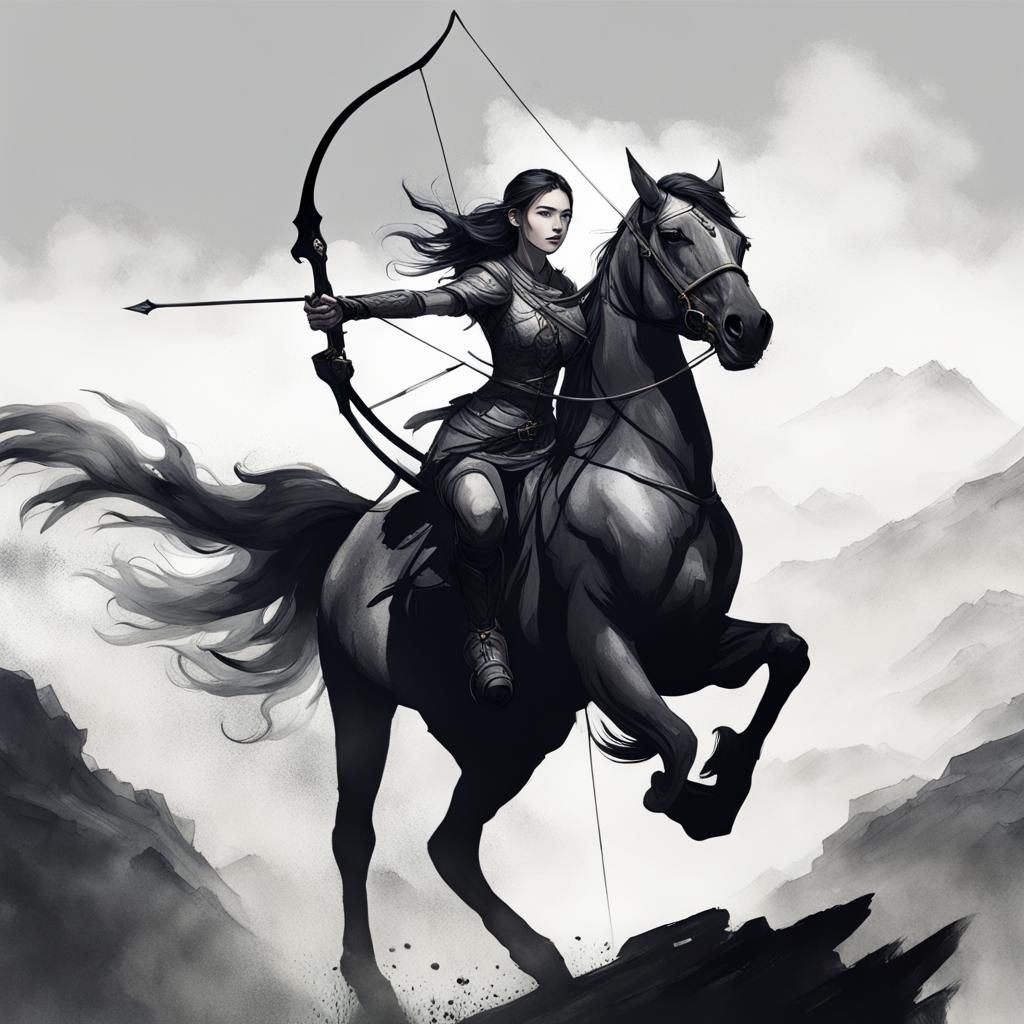 Beautiful Female Archer on Horse in Ink Painting