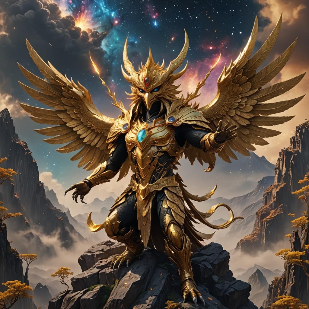 Super powerful golden Garuda bird god galaxy mountaintop blissful power