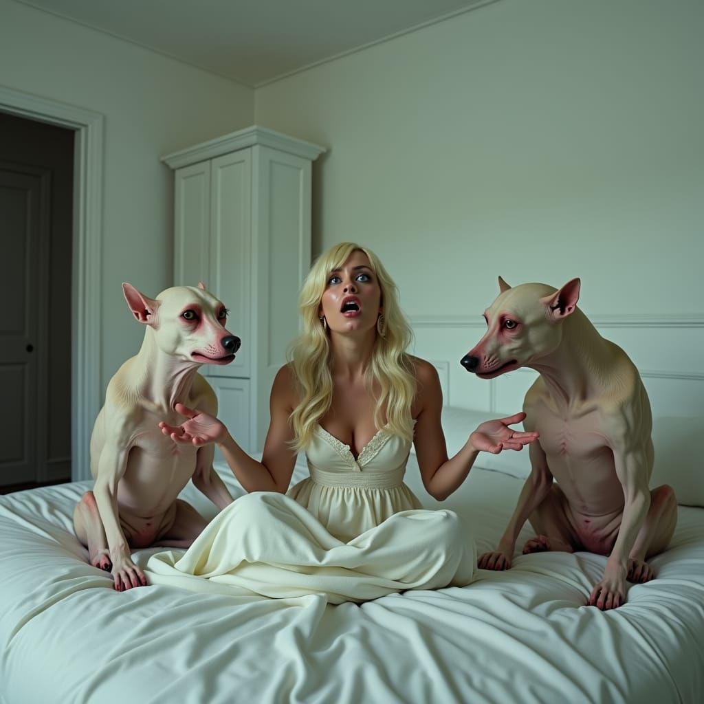 Startled Woman with Unsettling Dog-like Beings
