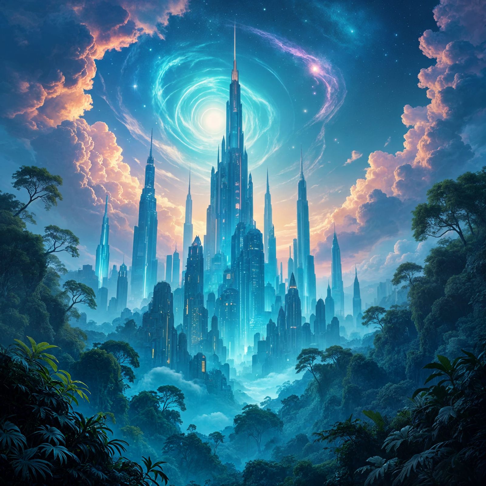 Alien Cityscape in Bioluminescent Jungle, Concept Art Style