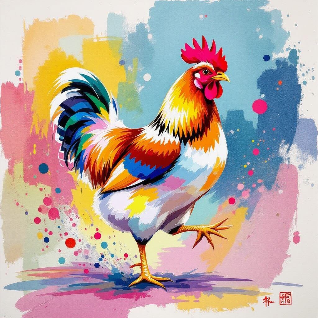 Vibrant Chicken Kicking Art in Neon Watercolour Style