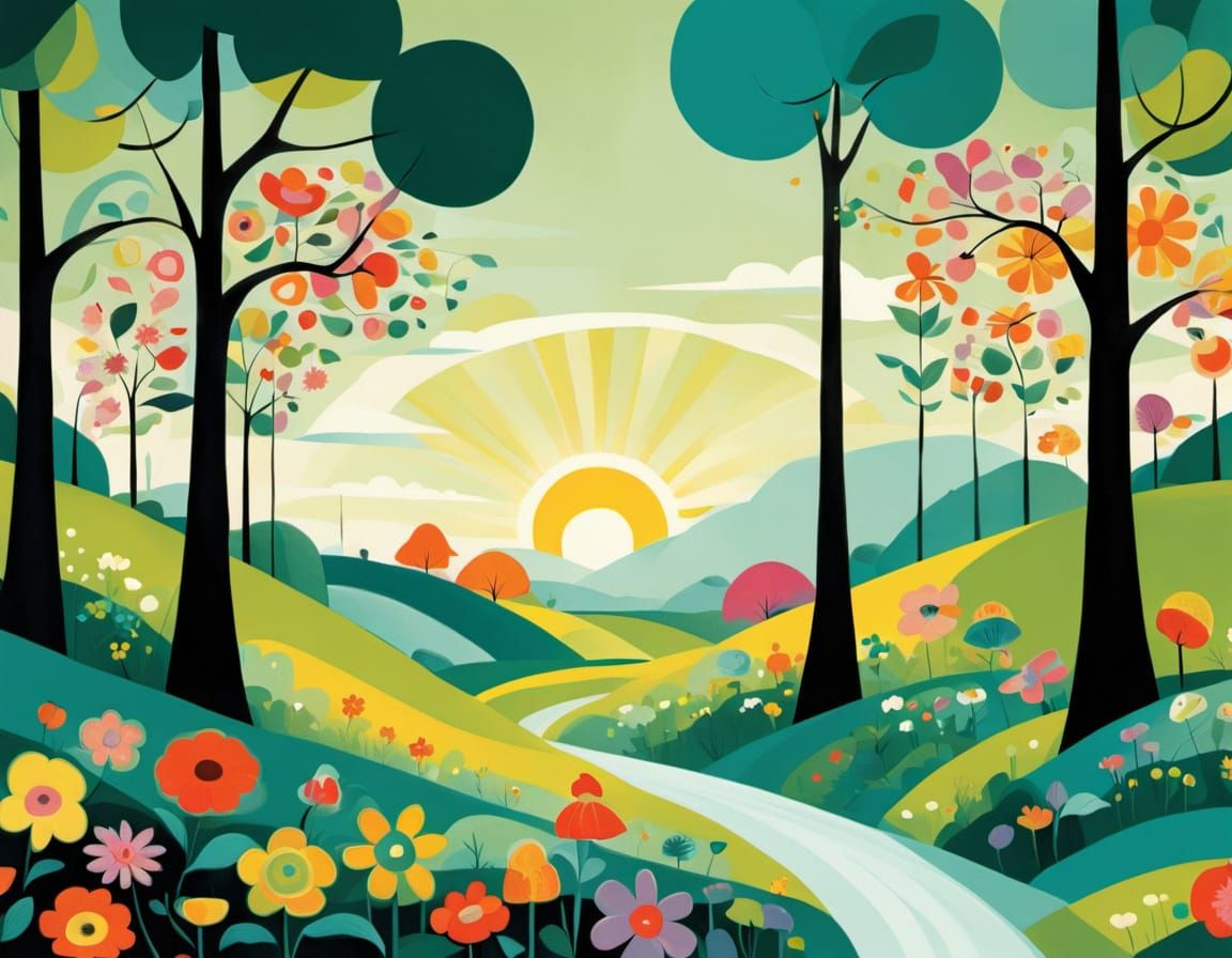 Cheerful Cartoon Sun Shines on Flower Meadow