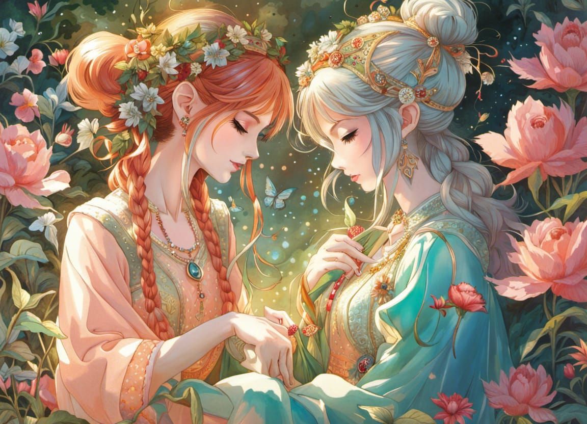 Elegant Elf Women in Anime Style Garden