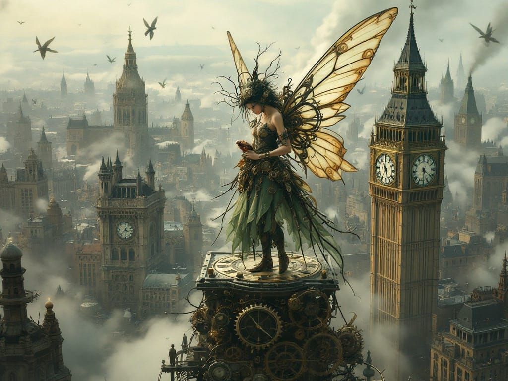 Dieselpunk Fairy Mechanic on Clock Tower in Steampunk Style
