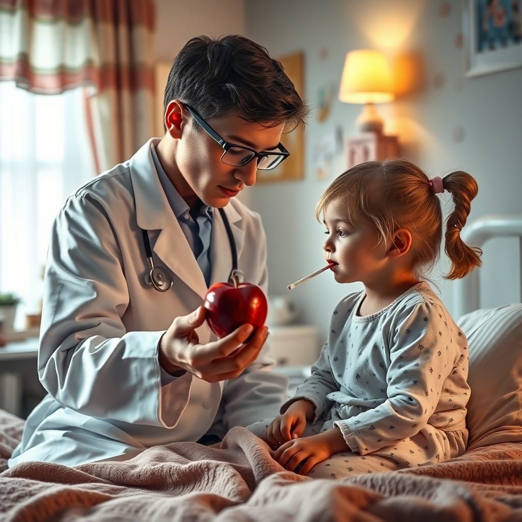 Doctor Offers Apple to Child: Photorealistic Scene