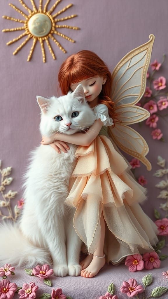 Enchanting Fairy Girl and White Cat Embroidery Art