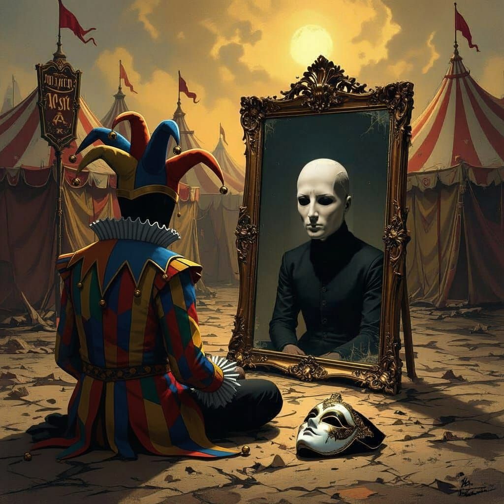 Faceless Man in Abandoned Carnival Reflects Blankness