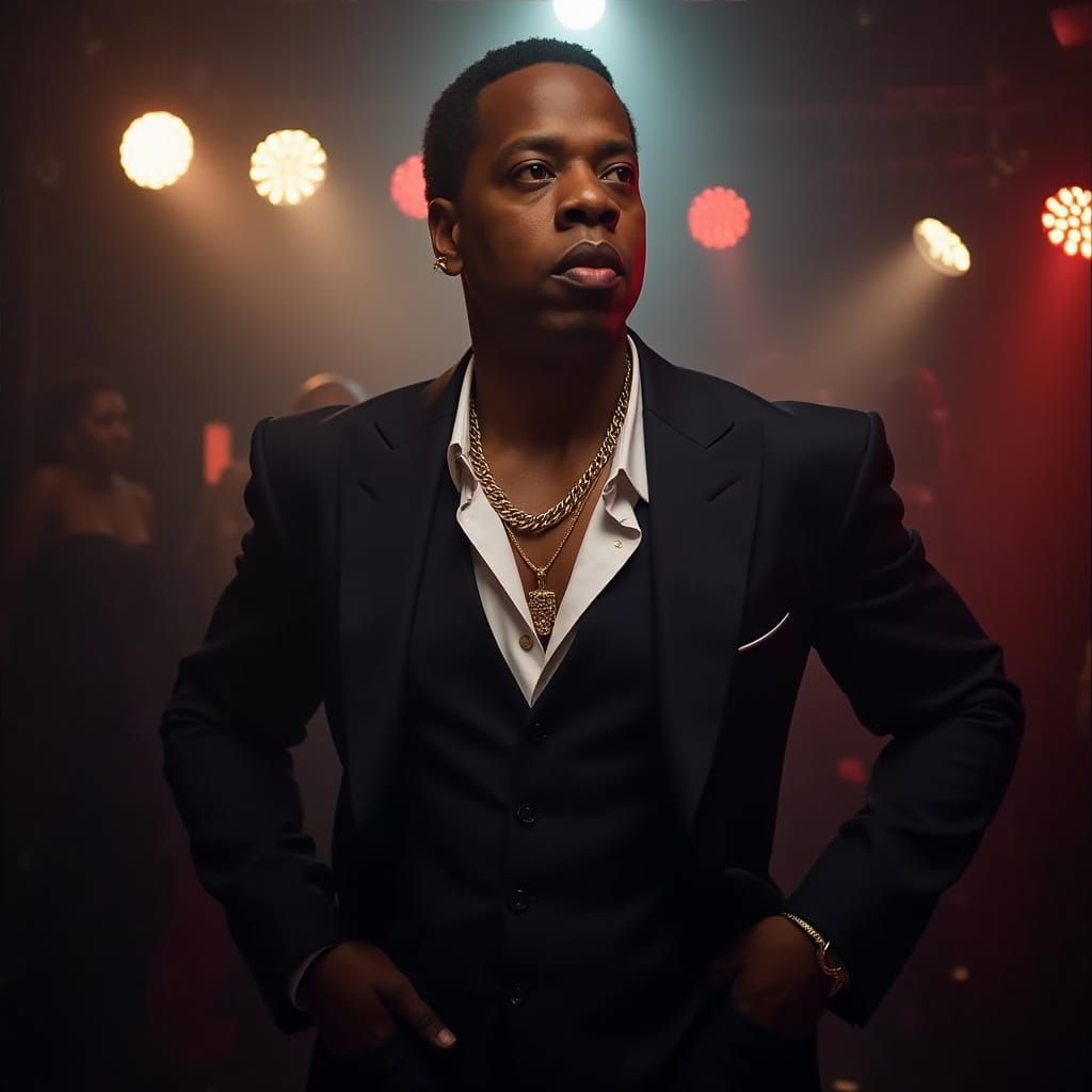 Jay Z in Nightclub with Spotlights, Vibrant Art Style