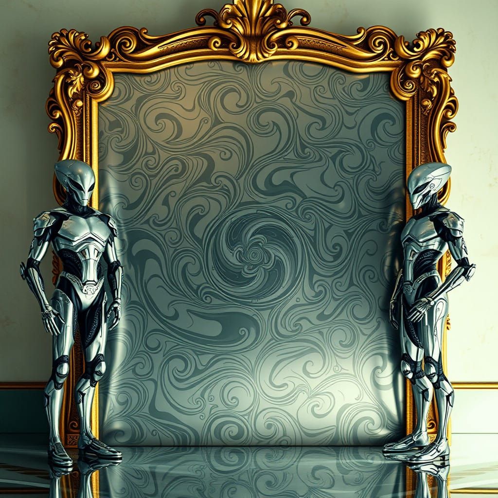 Gilded Metallic Door in Futuristic Baroque Style