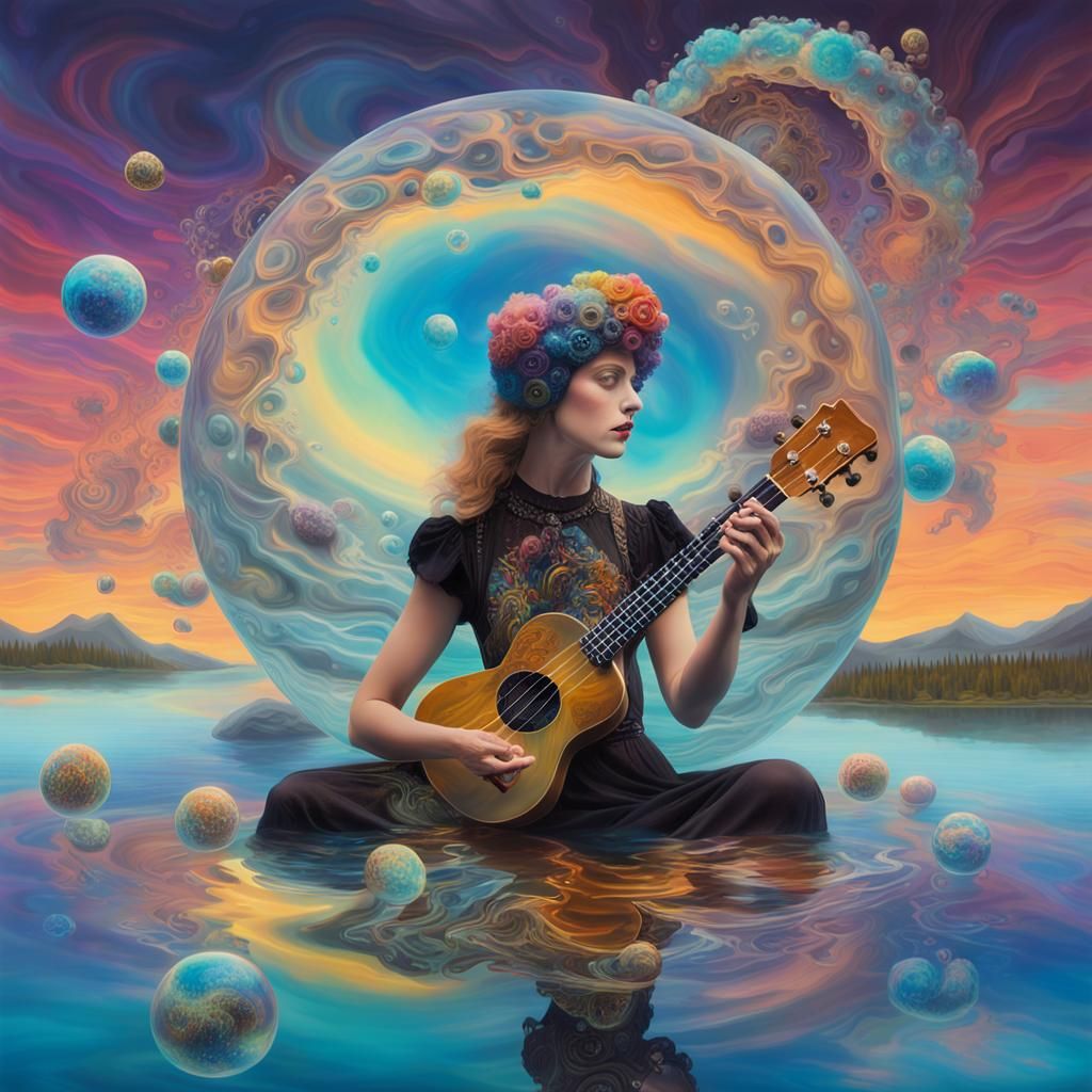 Surrealist Woman Plays Cosmic Ukulele in Dreamscape
